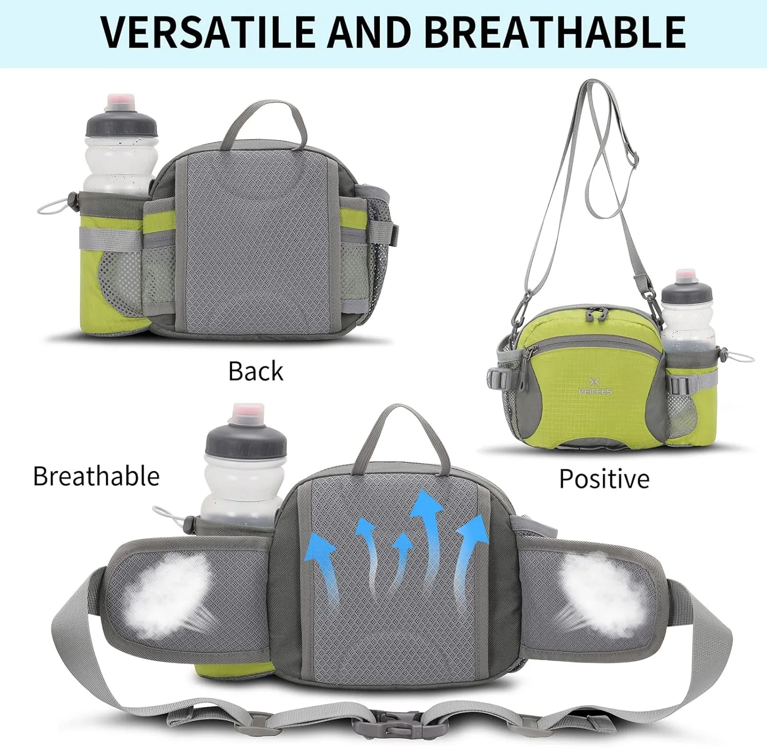Peicees Hiking Fanny Pack Large Waist Bag for Men Women with Bottle Holder Water Resistant Lumbar Pack for Hiking Camping Fishing Outdoor (Bottle Not Included)