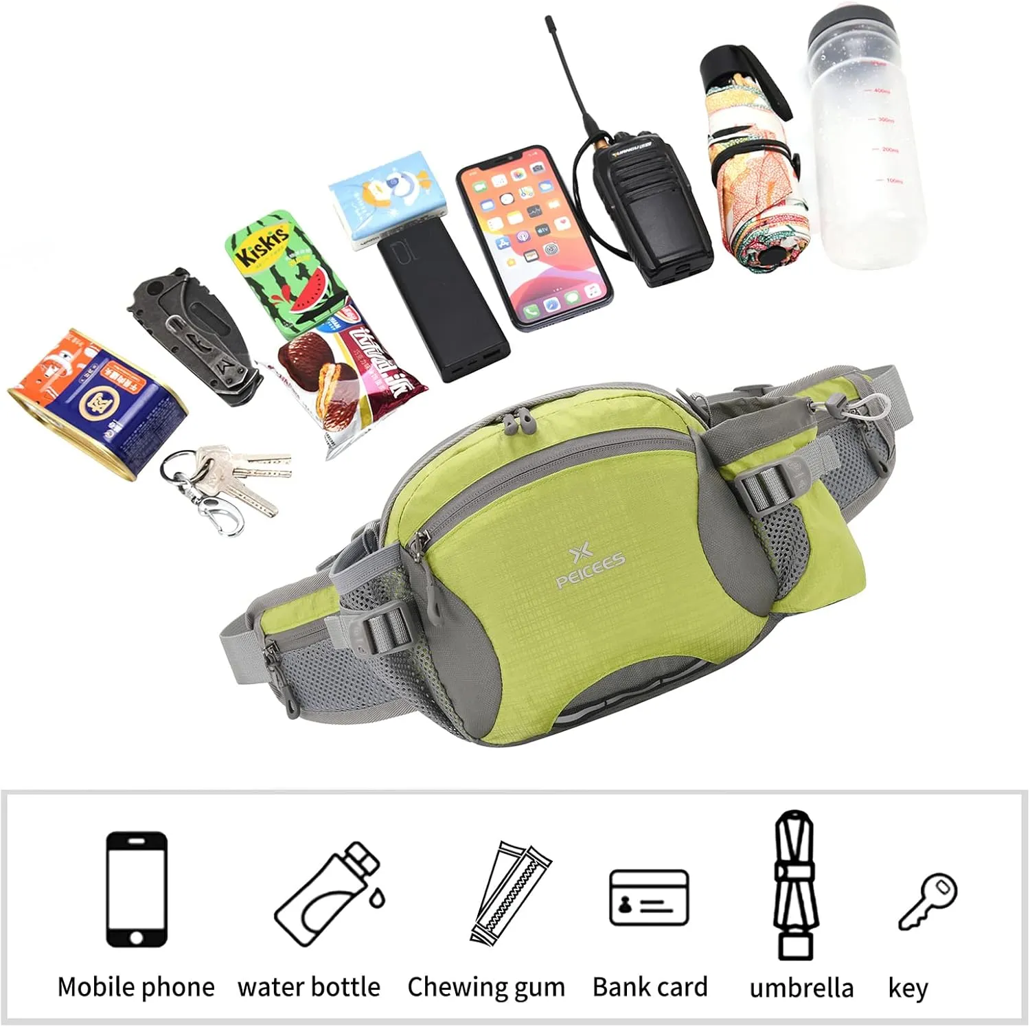 Peicees Hiking Fanny Pack Large Waist Bag for Men Women with Bottle Holder Water Resistant Lumbar Pack for Hiking Camping Fishing Outdoor (Bottle Not Included)