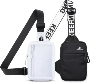 Peicees Pack of 2 Mini Sling Bag for Men Women Crossbody Bag Travel Running Phone Daypack Shoulder Bags, White and Black