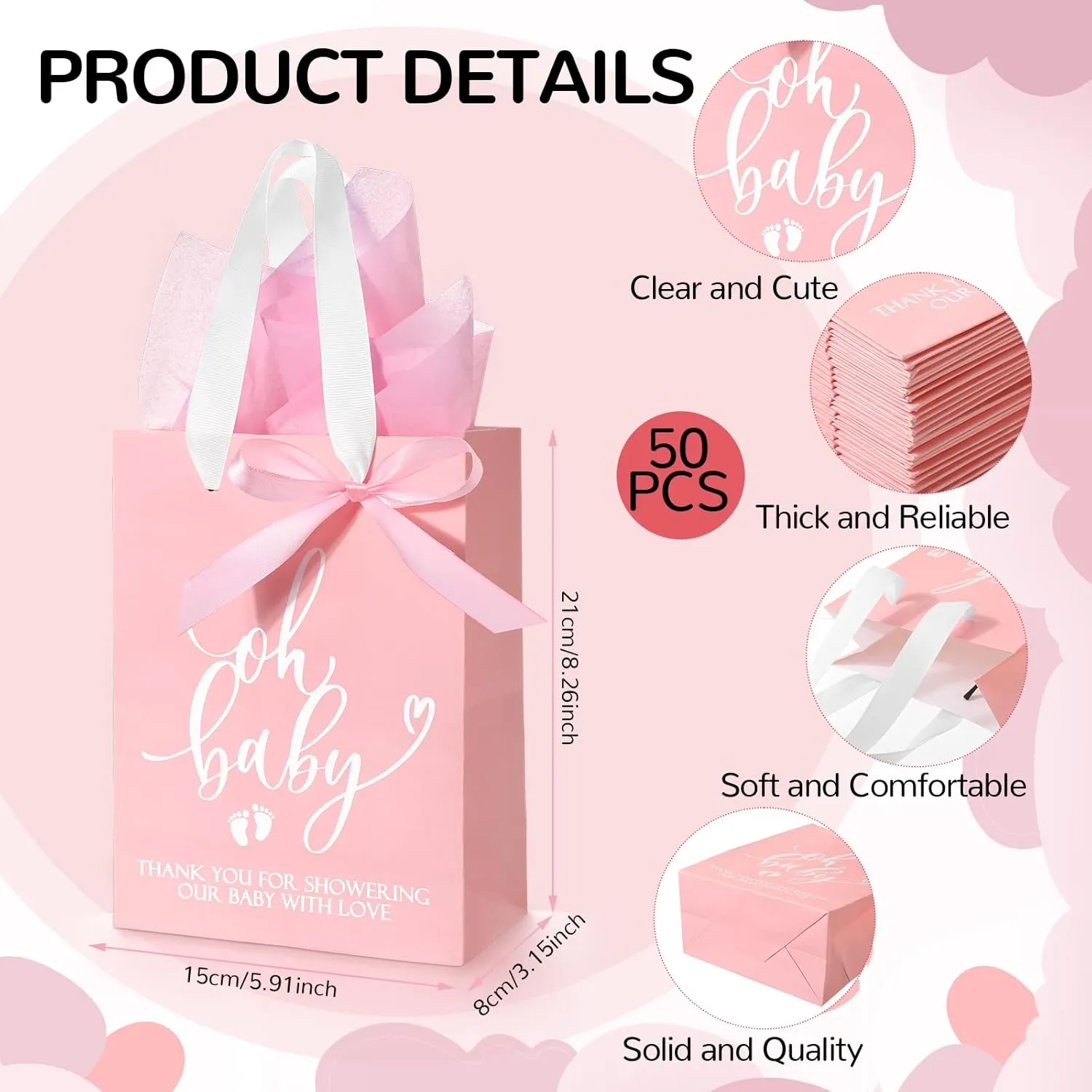 PerKoop 50 Packs Baby Shower Gifts Bags Bulk Baby Shower Favor Bags with Handle Paper and 50 Sheets Decorative Tissue Paper for Guests Gifts Gender Reveal(Pink)