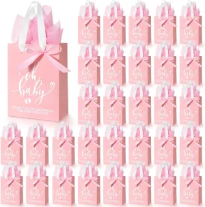 PerKoop 50 Packs Baby Shower Gifts Bags Bulk Baby Shower Favor Bags with Handle Paper and 50 Sheets Decorative Tissue Paper for Guests Gifts Gender Reveal(Pink)