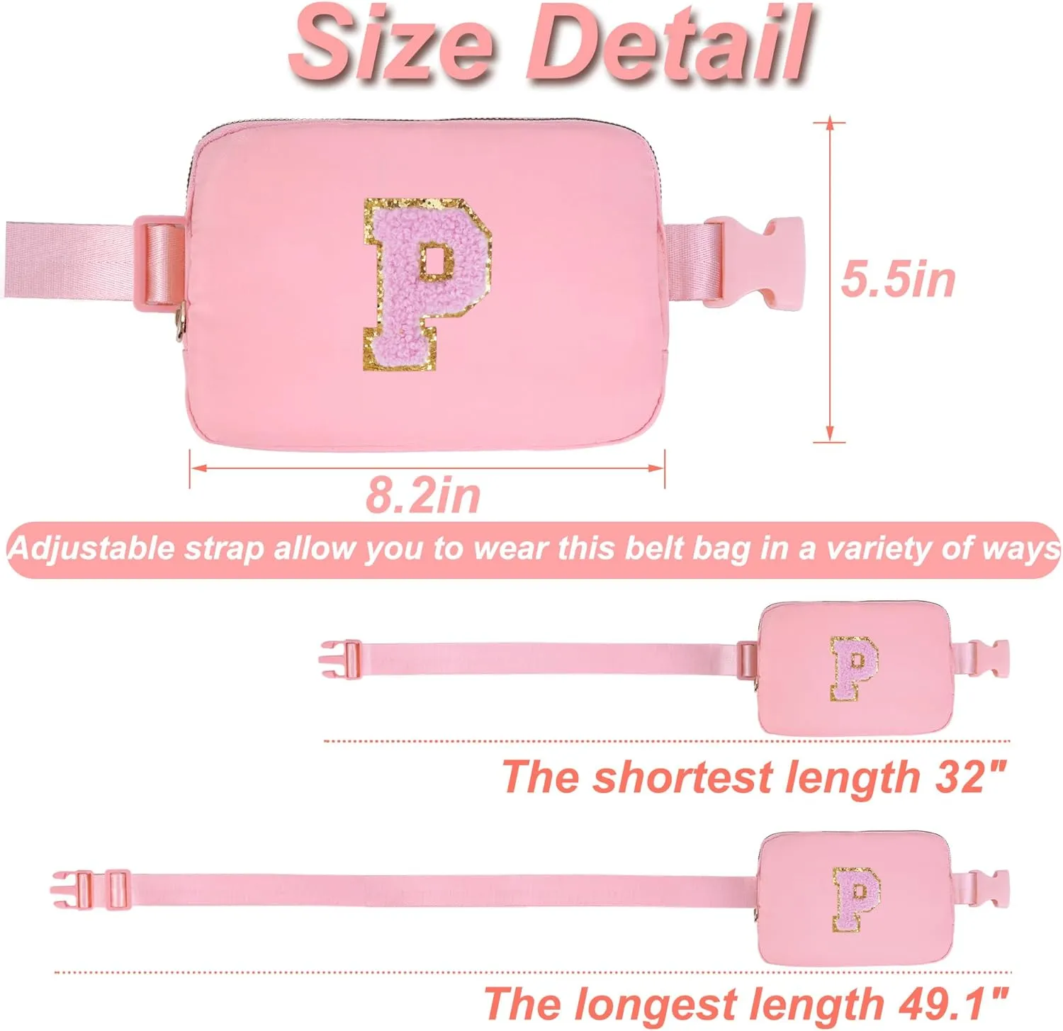 Personalized Belt Bag for Women Girls - Fashion Mini Waist Packs with Adjustable Strap - Trendy Travel Fanny Pack Crossbody Bags with Initial Letter - Teen Gifts | Peach,P
