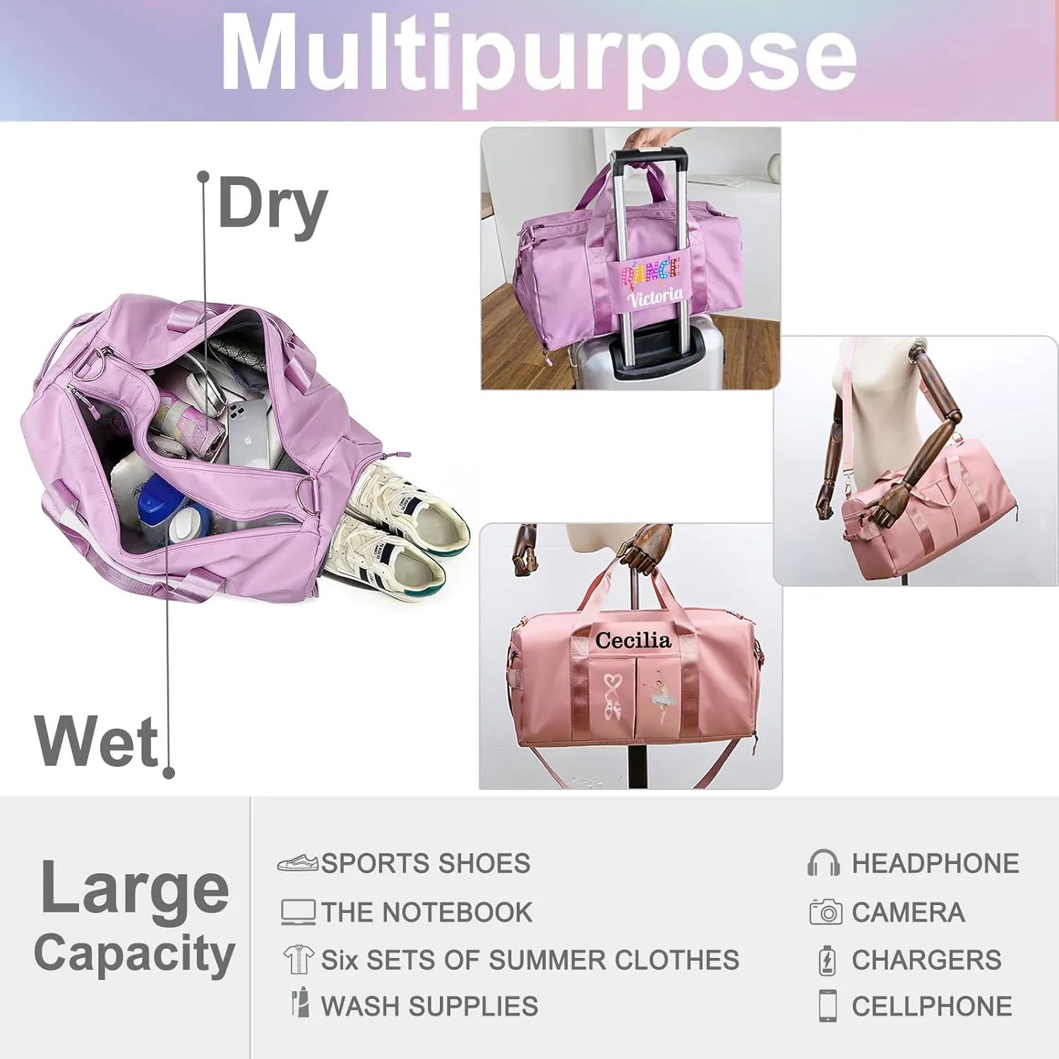 Personalized Duffle Bag Printed with Name Photo, Custom Duffle Gym Bags with Wet Dry Pockets & Shoe for Dance Sport Yoga,Personalized Gym Bag for Women Men,Personalized Travel Bag Pink