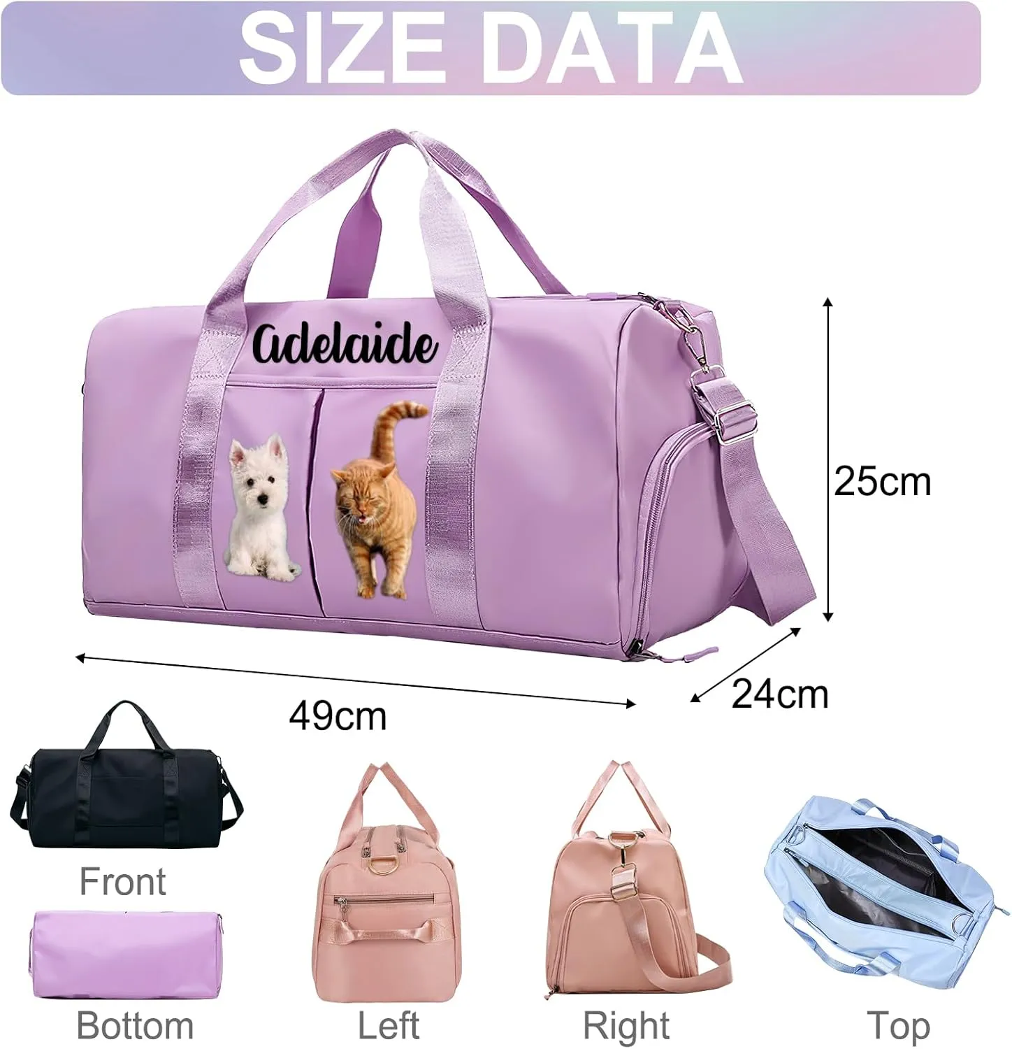 Personalized Duffle Bag Printed with Name Photo, Custom Duffle Gym Bags with Wet Dry Pockets & Shoe for Dance Sport Yoga,Personalized Gym Bag for Women Men,Personalized Travel Bag Pink
