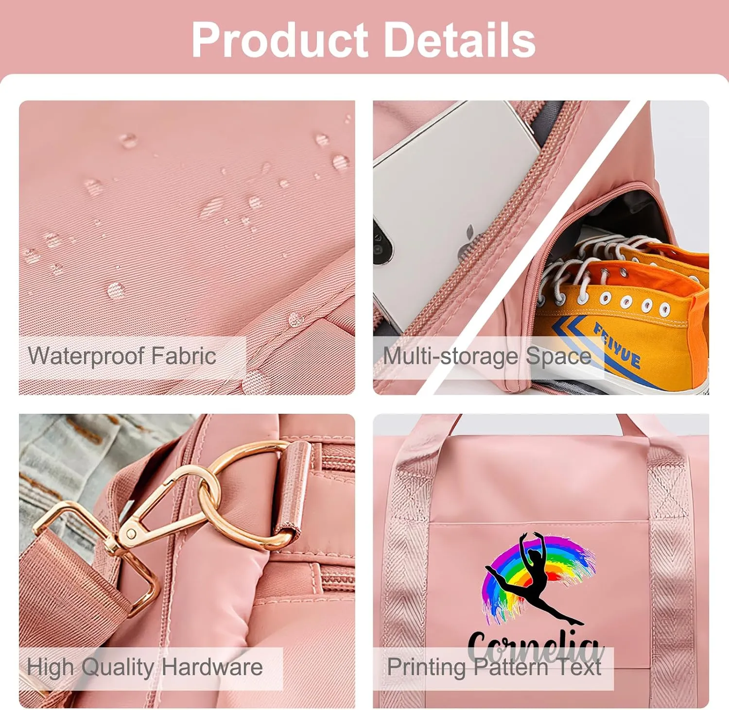 Personalized Duffle Bag Printed with Name Photo, Custom Duffle Gym Bags with Wet Dry Pockets & Shoe for Dance Sport Yoga,Personalized Gym Bag for Women Men,Personalized Travel Bag Pink