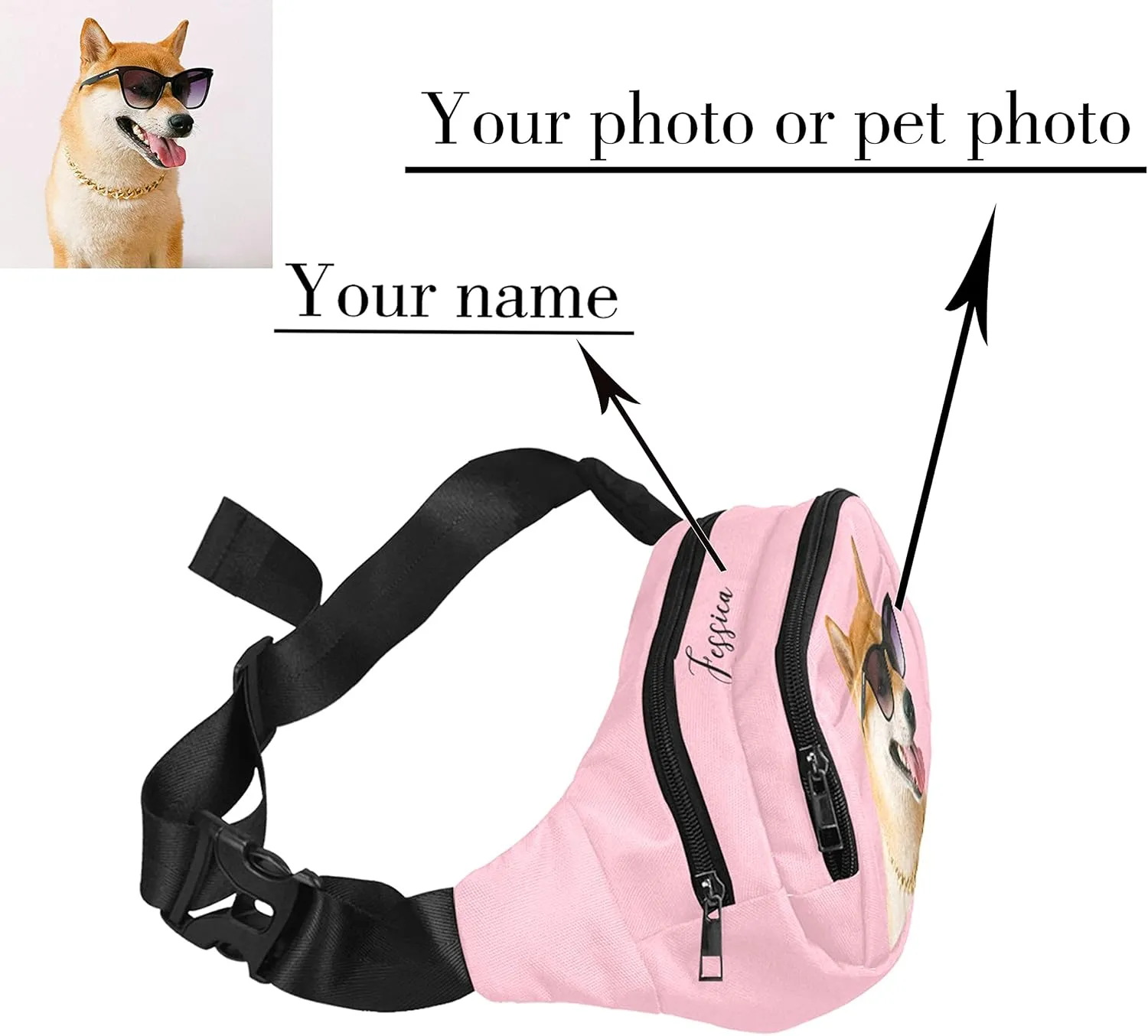 Personalized Fanny Bag for Women Men with Photo Name, Customized Picture Fashion Waist Bag Water Resistant Hip Bum Bag with Adjustable Belt for Travel Hiking Cycling Running (pink)