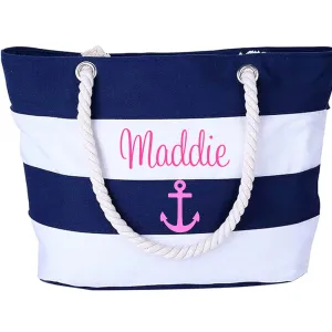 Personalized Monogrammed Striped Beach, Cruise, Pool Tote Bag Navy and White Pink or Red Custom Bag