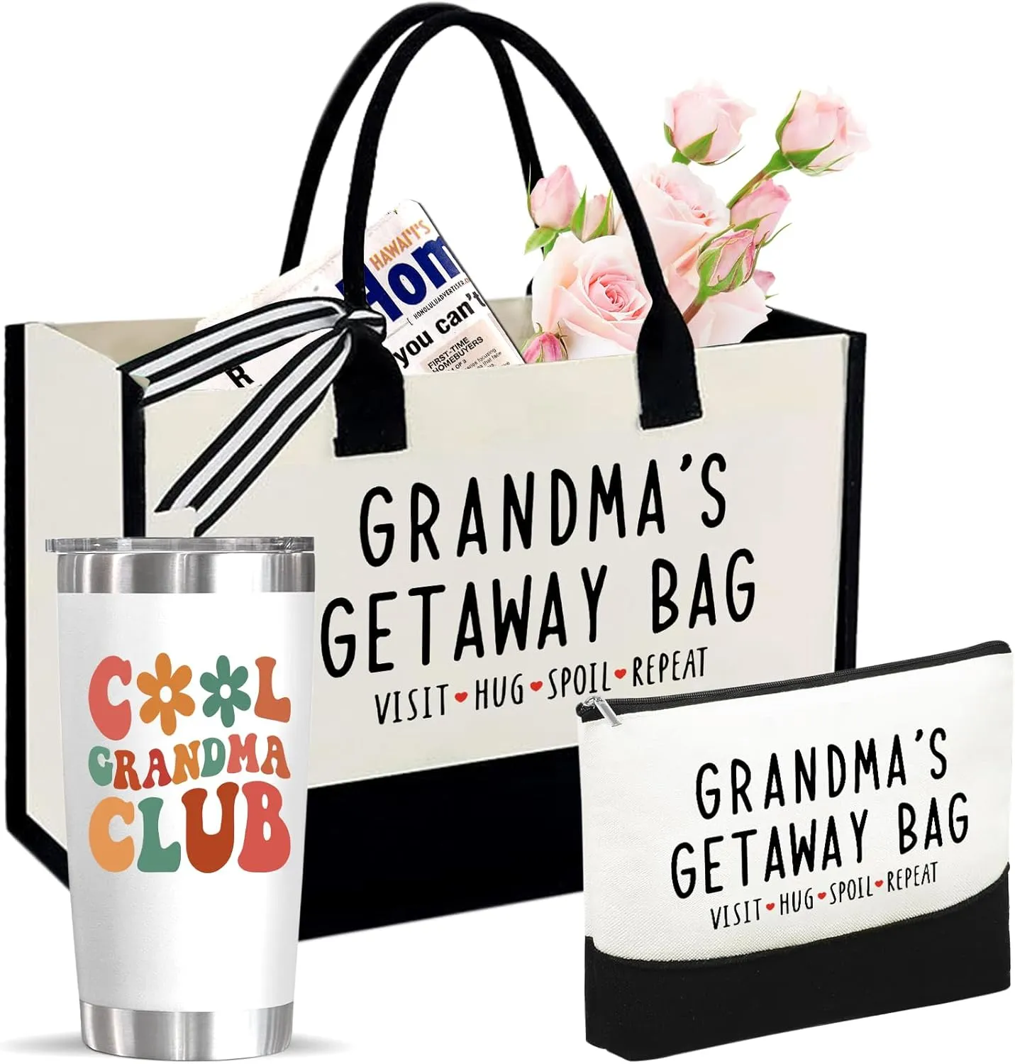Physkoa Grandma Gifts–Grandmother Tote Bag Gift Set with Makeup Bag & 20oz Tumbler–Birthday Gifts for Nana Gigi from Granddaughter, Grandson, Grandkids – Best Grandma Gift Basket Idea