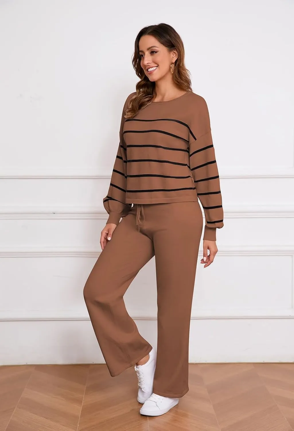 Pink Queen Two Piece Outfits for Women Lounge Sets Striped Knitted Sweater Tops Wide Leg Pants Loungewear Fall 2024