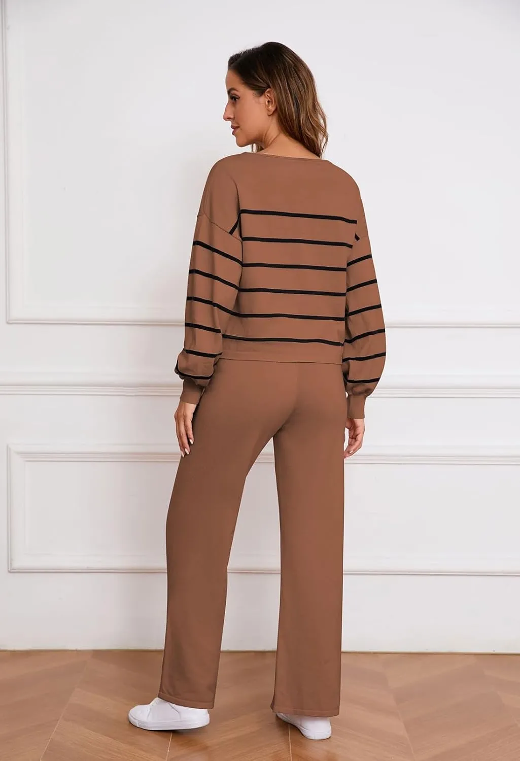 Pink Queen Two Piece Outfits for Women Lounge Sets Striped Knitted Sweater Tops Wide Leg Pants Loungewear Fall 2024