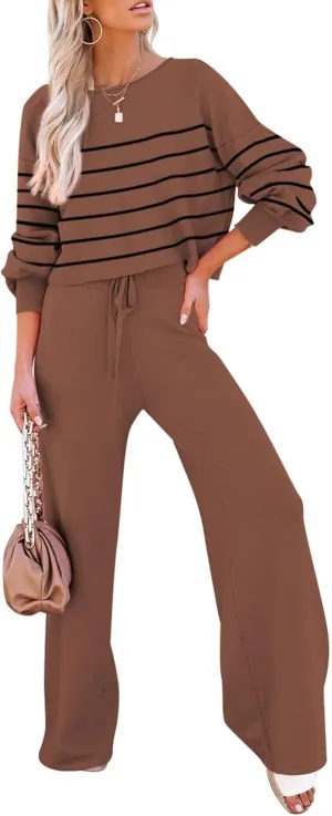 Pink Queen Two Piece Outfits for Women Lounge Sets Striped Knitted Sweater Tops Wide Leg Pants Loungewear Fall 2024