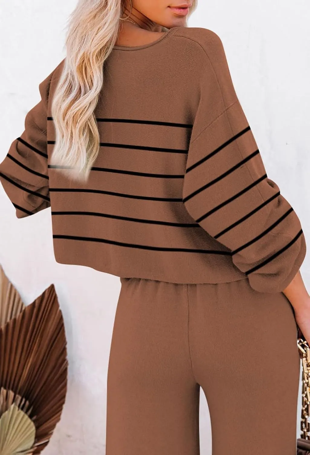 Pink Queen Two Piece Outfits for Women Lounge Sets Striped Knitted Sweater Tops Wide Leg Pants Loungewear Fall 2024