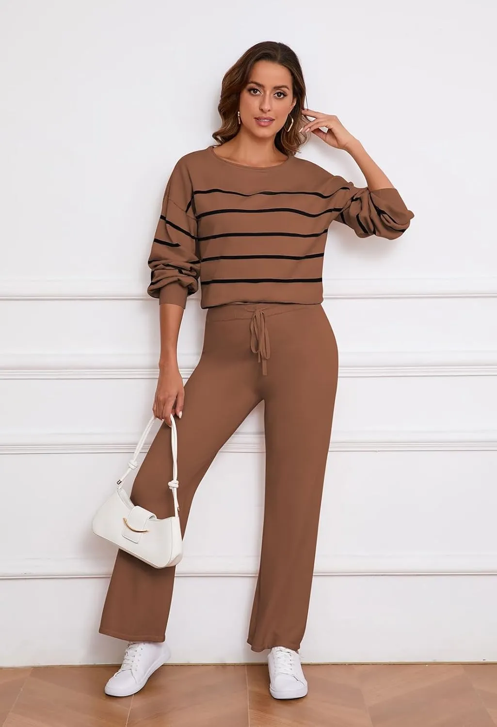 Pink Queen Two Piece Outfits for Women Lounge Sets Striped Knitted Sweater Tops Wide Leg Pants Loungewear Fall 2024