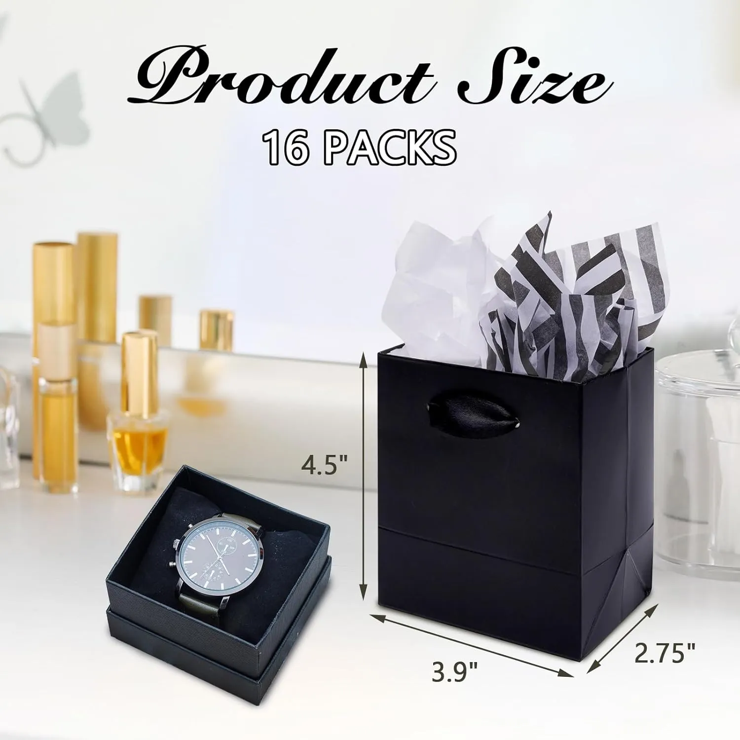 Plauthus 16 Pack Mini Black Gift Bags with Handles & Tissue Paper, Small Gift Bags Bulk for Wedding, Bridal, Birthday, Holiday (4.5” x4” x2.75”)