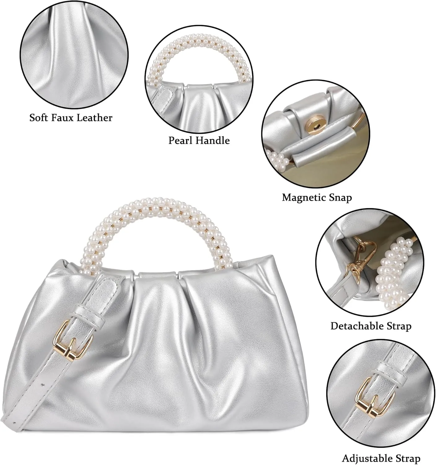 Pleated Clutch Purses for Women Soft Leather Evening Bag Pearl Handbags for Wedding Bridal Party Prom