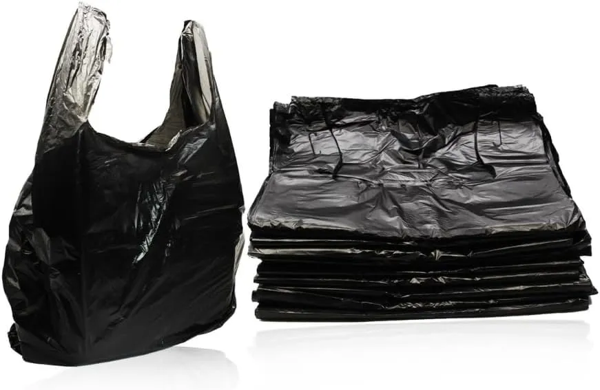 Premier T-shirt Bags - Thank You Bags for Grocery, Takeaway, Restaurant Black Plastic Bags (Plain) - (300 Count) - (11" x 8" x 2") - (1/6 BBL) - (Black)