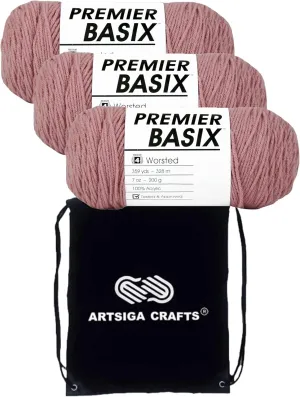 Premier Yarns Basix Light Mauve 1115-17 (3-Skeins - Same Dye Lot) Worsted Medium #4 Acrylic Yarn for Crocheting and Knitting with Project Bag