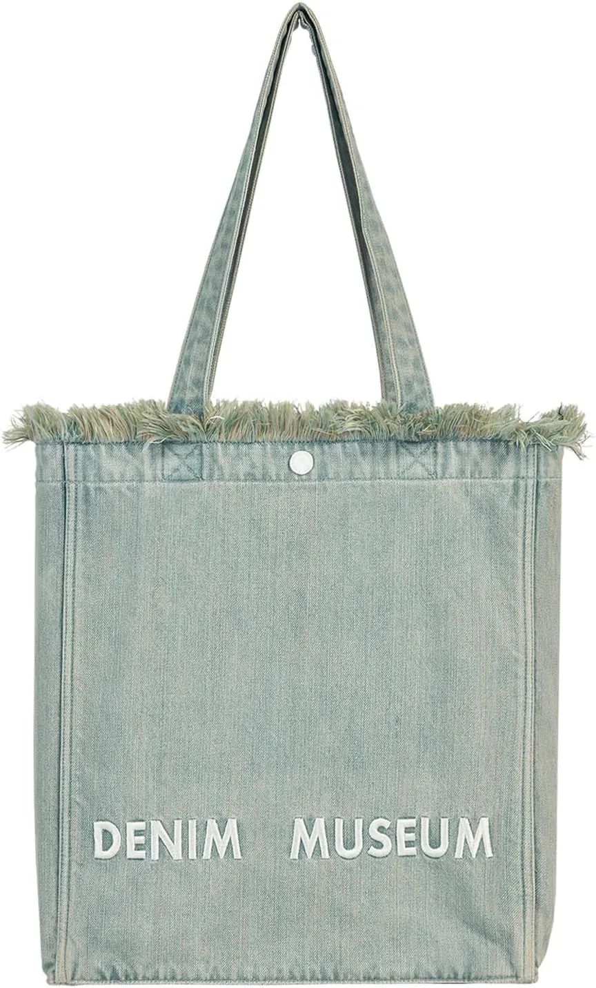Premium Green Yarn Fringe Boho Designer Women Purse, 2025 Summer Lightweight Foldable Large Denim Tote Bag with Pockets