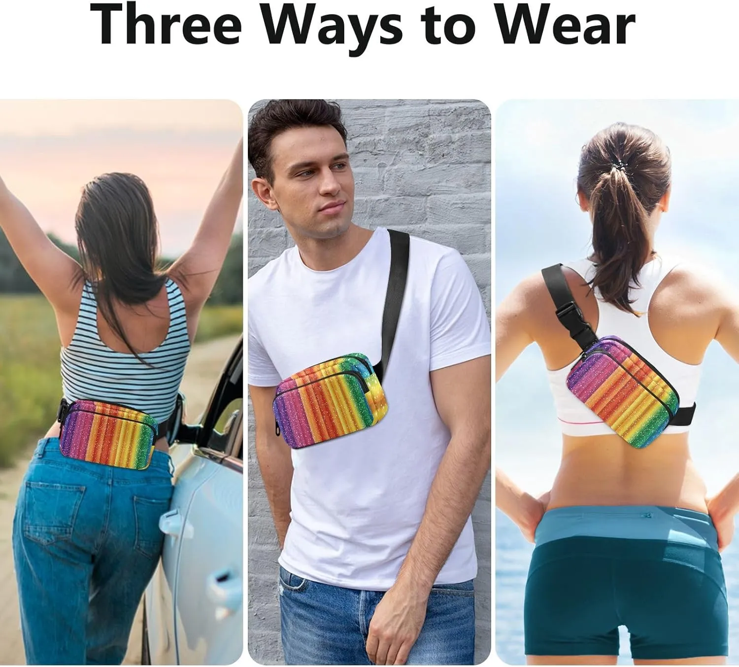 Pride Month A Rainbow Stripe Stylish Crossbody Bag Waist Packs for Women Men Waterproof Sling Chest Bags with Adjustable Strap for Travel Vacation Running