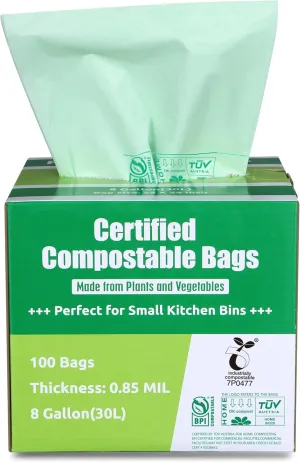 Primode Compostable Bags, 8 Gallon (30L) Food Scraps Yard Waste Bags, Extra Thick 0.85 Mil. ASTM D6400 Compost Bags Small Kitchen Trash Bags, Certified by BPI & TÜV AUSTRIA (50 Count)