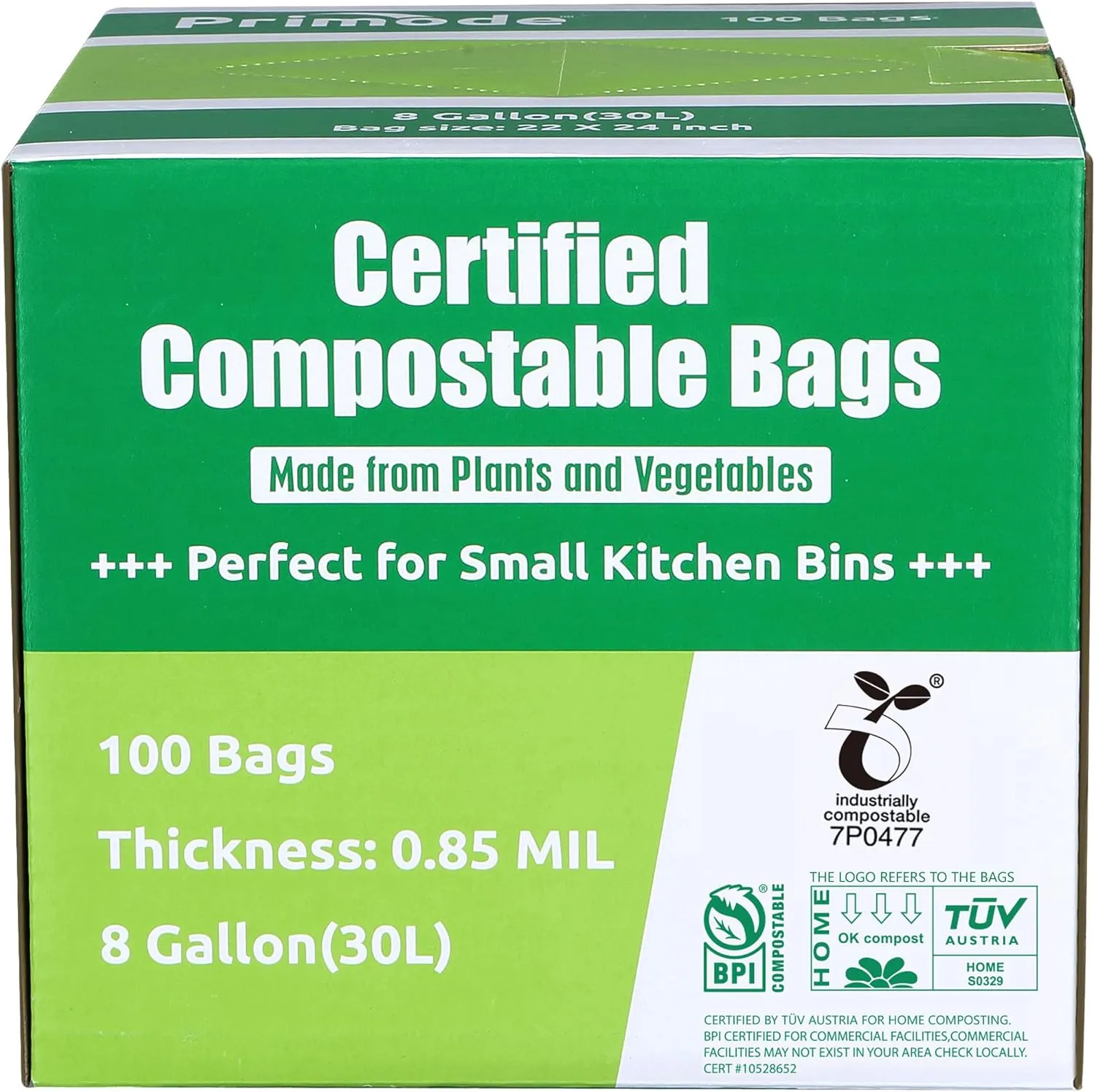 Primode Compostable Bags, 8 Gallon (30L) Food Scraps Yard Waste Bags, Extra Thick 0.85 Mil. ASTM D6400 Compost Bags Small Kitchen Trash Bags, Certified by BPI & TÜV AUSTRIA (50 Count)