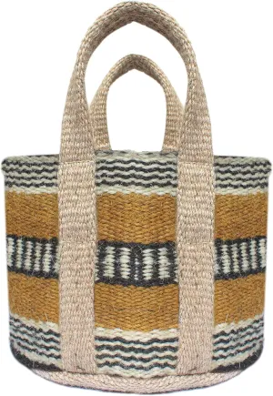 Printed Jute Small Top-Handle Bag Durable & Stylish (Bottle Green, Yellow & Beige_9" x7 x6)