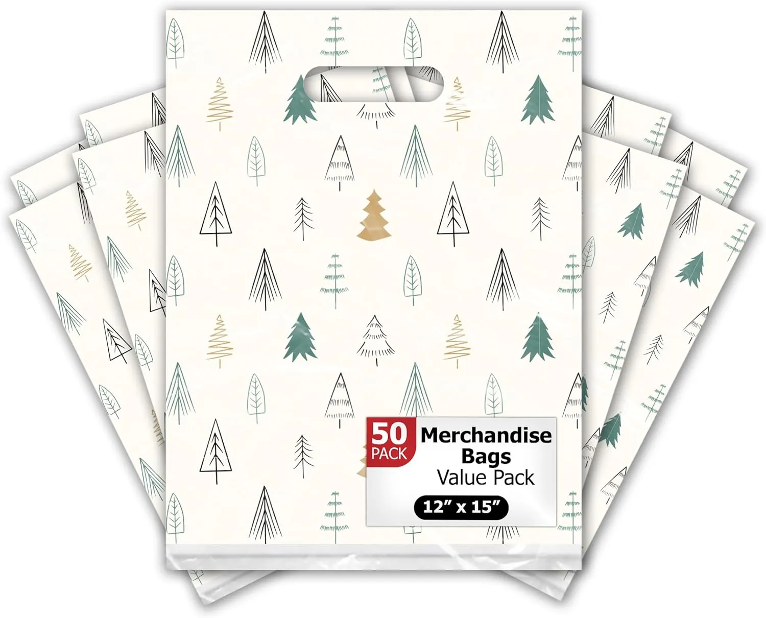 Pro Supply Global 12x15 50 Count Christmas Fir Trees Designer Retail Boutique Merchandise Bags with Die Cut Handles Premium Printed Shopping Bags For Small Business Shop Owners