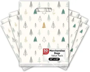 Pro Supply Global 12x15 50 Count Christmas Fir Trees Designer Retail Boutique Merchandise Bags with Die Cut Handles Premium Printed Shopping Bags For Small Business Shop Owners