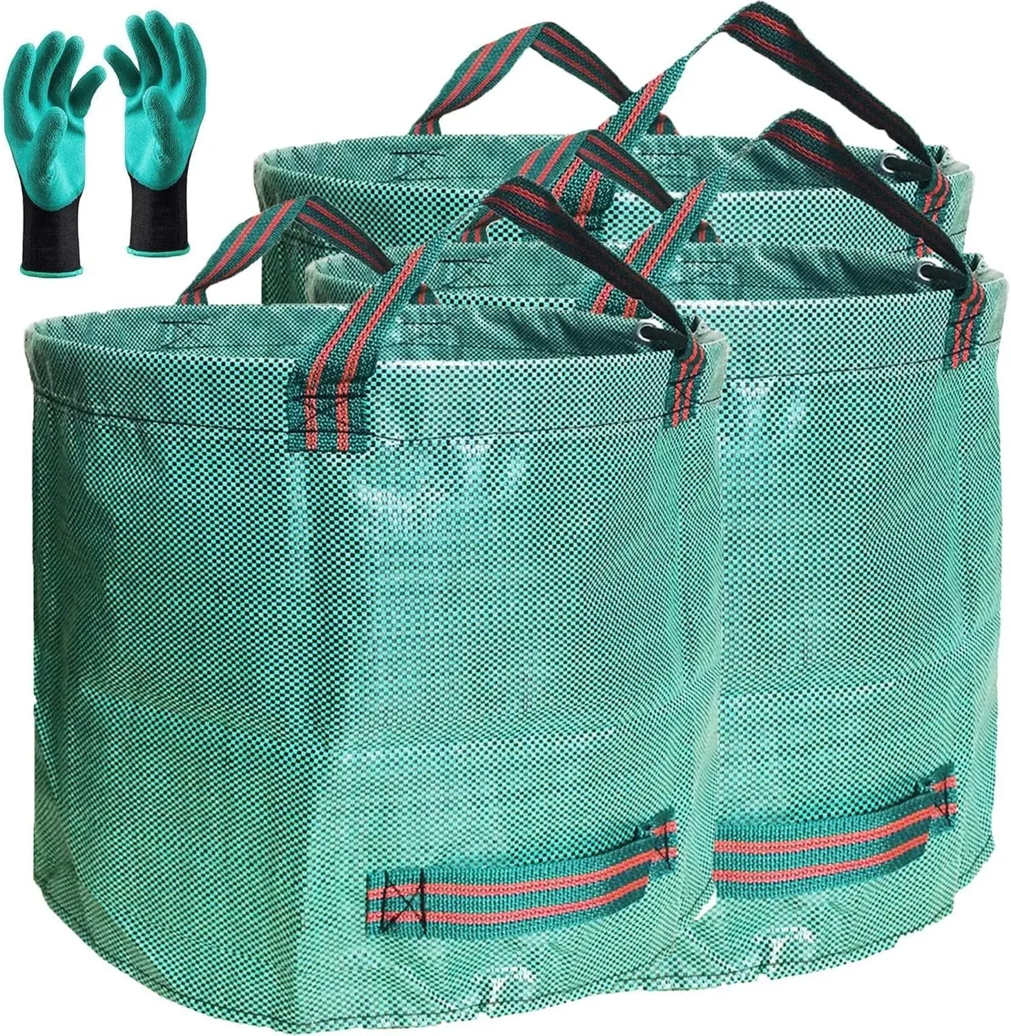 Professional 3-Pack 80 Gallons Lawn Garden Bag Leaf Waste Bags (D26, H33 inches) with Coated Gardening Gloves,Reuseable Heavy Duty Patio Bags,Grass Pool Bags,Home Yard Trash Bags with 4 Handles