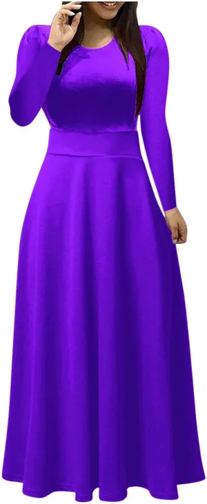 Prom Dresses for Women Plain Long Sleeve Ruffle Swing Dress Causal Elegant Elastic Waist Crewneck Fall Winter Dresses