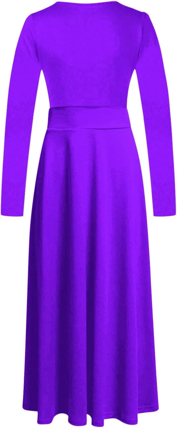 Prom Dresses for Women Plain Long Sleeve Ruffle Swing Dress Causal Elegant Elastic Waist Crewneck Fall Winter Dresses