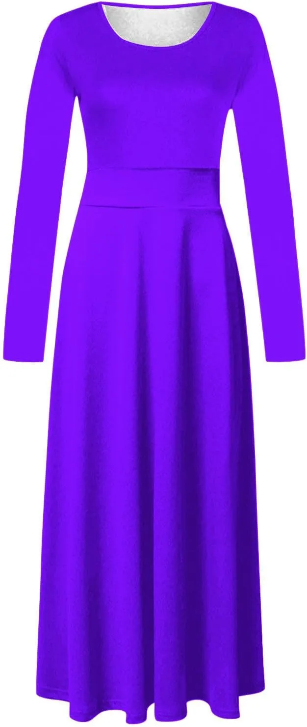 Prom Dresses for Women Plain Long Sleeve Ruffle Swing Dress Causal Elegant Elastic Waist Crewneck Fall Winter Dresses