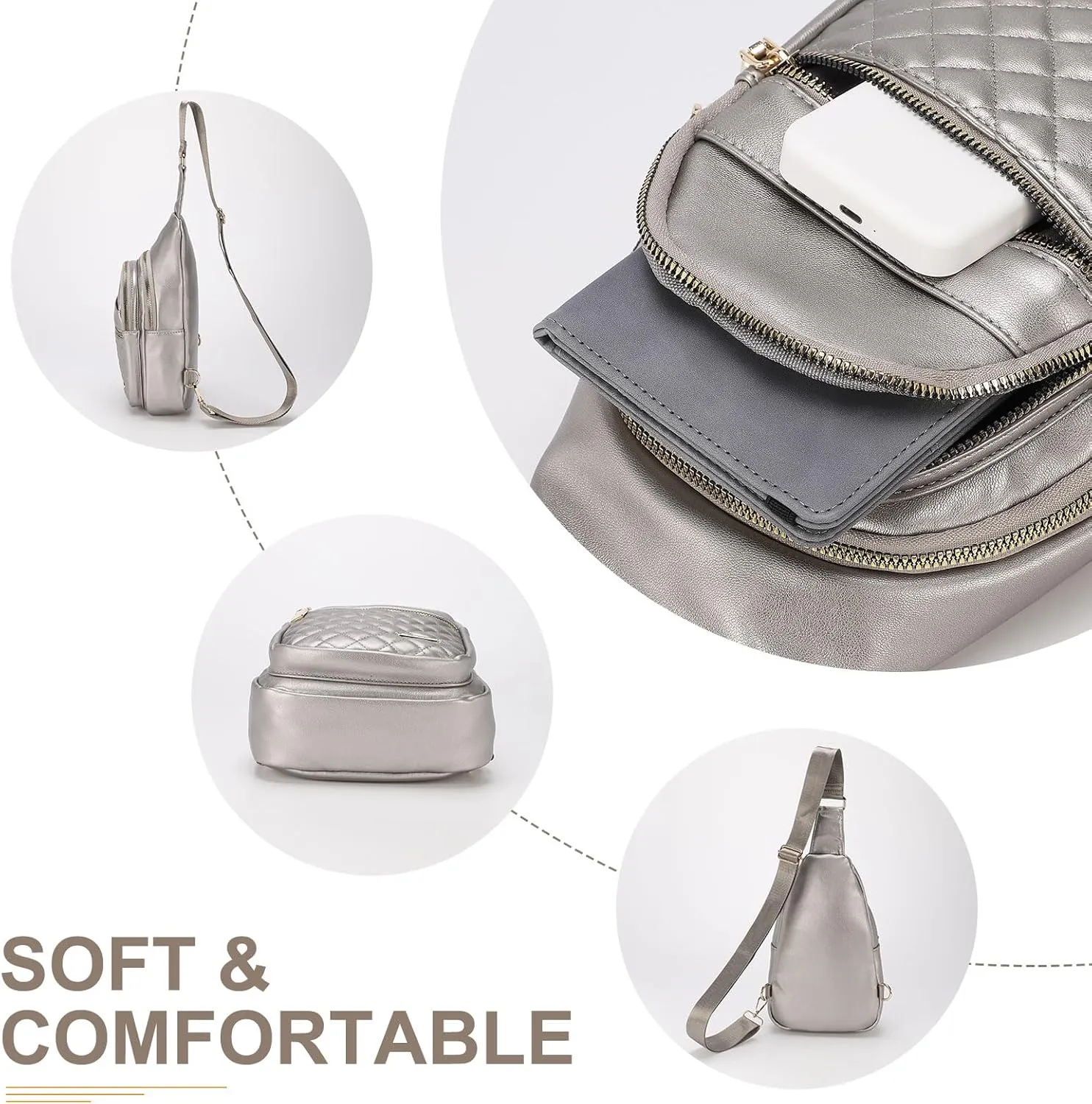PU Leather Small Sling Bag Mini Crossbody Backpack Daypack - 7.9" Good for Hiking Travel Running Cycling Sports - Gray