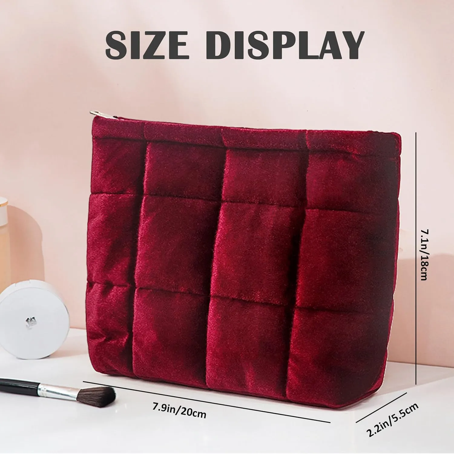 Puffy Quilted Makeup Bag, Cosmetic Bag, Travel Toiletry Organizer Pouch, Clutch for Women(Wine Red - Velvet)