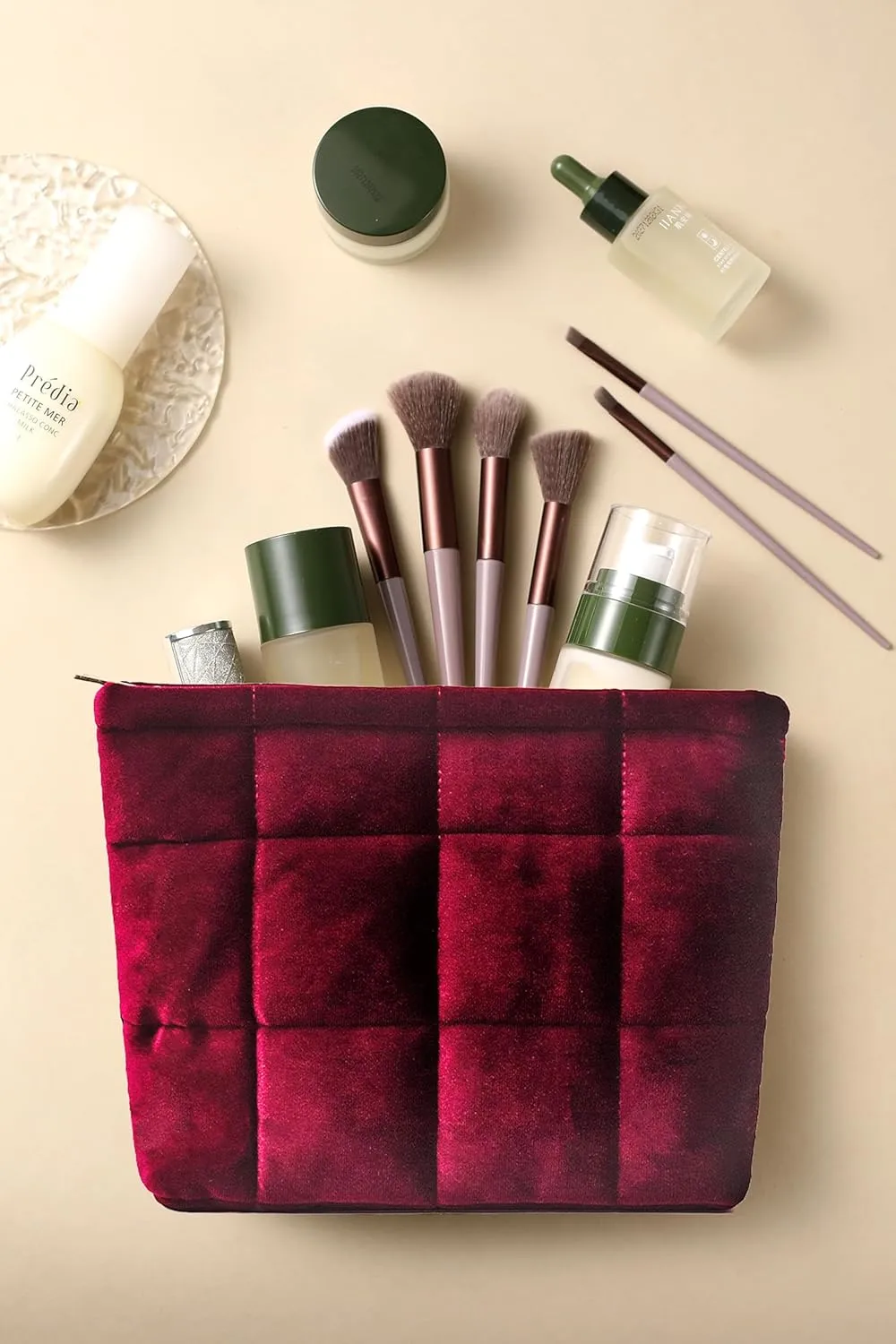 Puffy Quilted Makeup Bag, Cosmetic Bag, Travel Toiletry Organizer Pouch, Clutch for Women(Wine Red - Velvet)