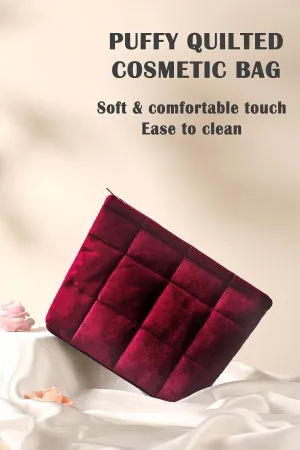 Puffy Quilted Makeup Bag, Cosmetic Bag, Travel Toiletry Organizer Pouch, Clutch for Women(Wine Red - Velvet)