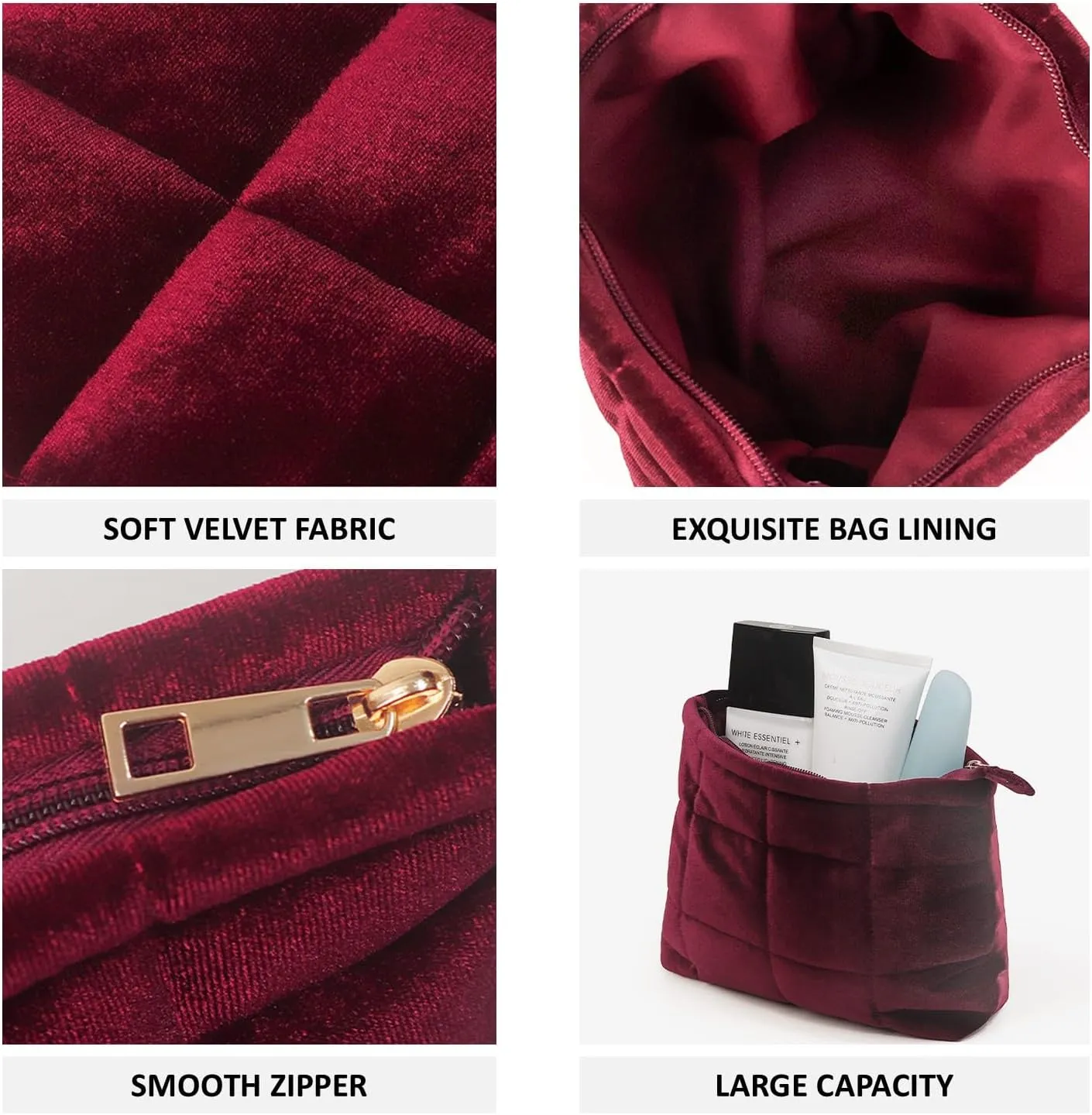 Puffy Quilted Makeup Bag, Cosmetic Bag, Travel Toiletry Organizer Pouch, Clutch for Women(Wine Red - Velvet)