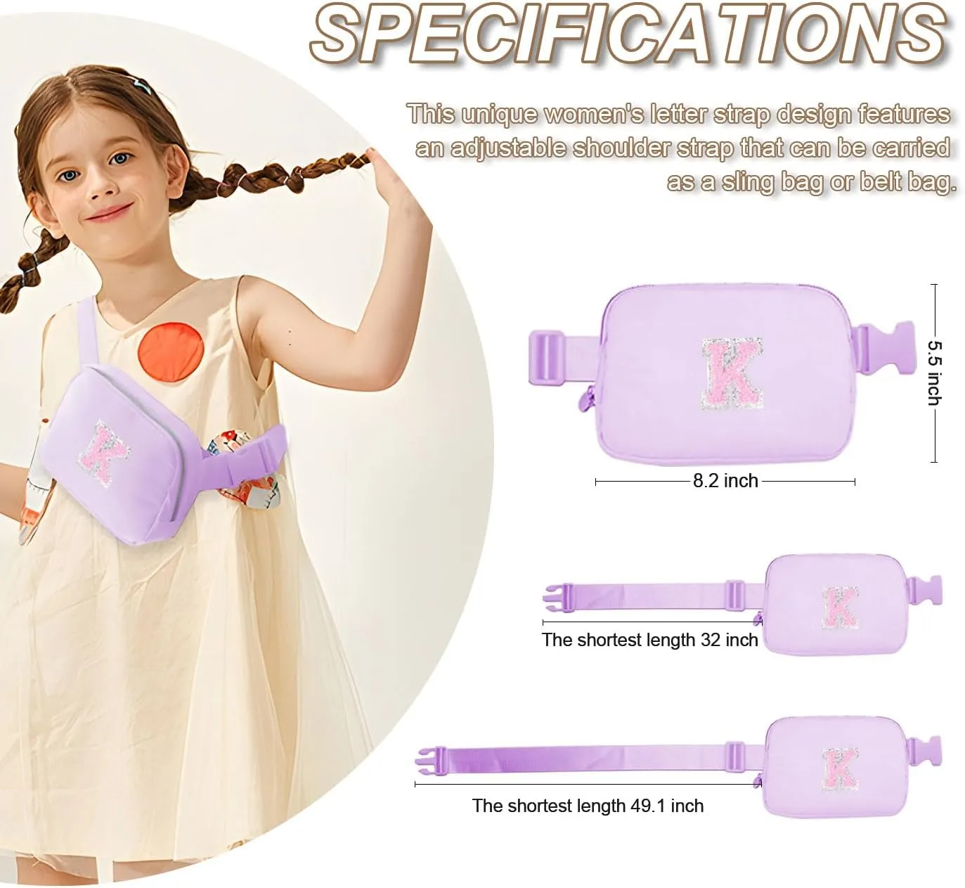 Purple Belt Bag Crossbody bag Initial Fanny Waist Pack Small Travel Essential Birthday Christmas Gift for Teen Girl 4 5 6 7 8 9 10 11 12 13 14 Year Old Preppy Cute Trendy Girly Stuff Letter Lavender K