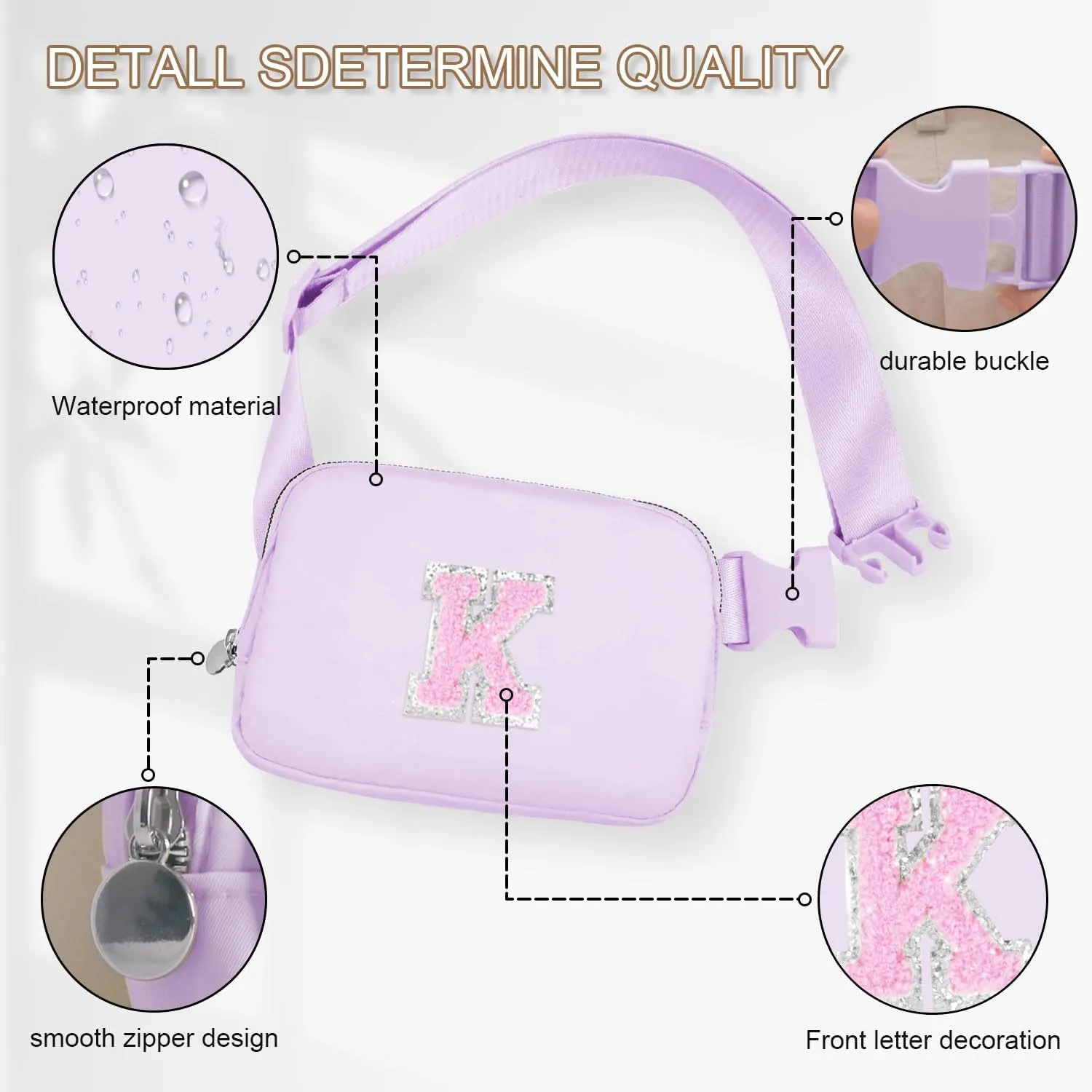 Purple Belt Bag Crossbody bag Initial Fanny Waist Pack Small Travel Essential Birthday Christmas Gift for Teen Girl 4 5 6 7 8 9 10 11 12 13 14 Year Old Preppy Cute Trendy Girly Stuff Letter Lavender K
