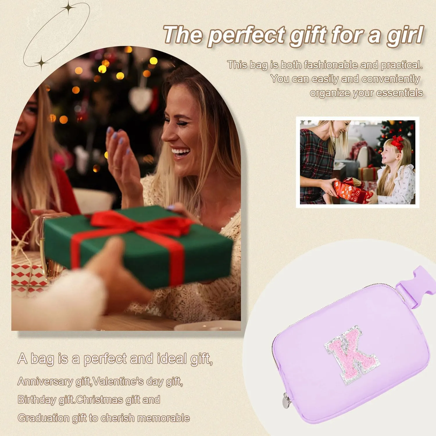 Purple Belt Bag Crossbody bag Initial Fanny Waist Pack Small Travel Essential Birthday Christmas Gift for Teen Girl 4 5 6 7 8 9 10 11 12 13 14 Year Old Preppy Cute Trendy Girly Stuff Letter Lavender K