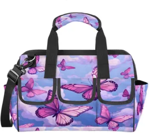 Purple Butterfly Wide Mouth Tool Bags for Men and Women 14 Pockets, Butterfly Tool Tote Bag Pouch Heavy Duty Tool Organizer Bag with Adjustable Strape for Plumbers Electricians Handymen