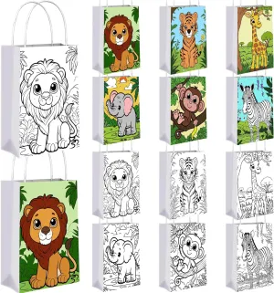 QICI 18 Pcs Safari Animals Paper Coloring Bags with Handle Color Your Own Candy Gift Bags Jungle DIY Craft Goody Bag Wild Animals Party Favors Supplies Gift Wrapping