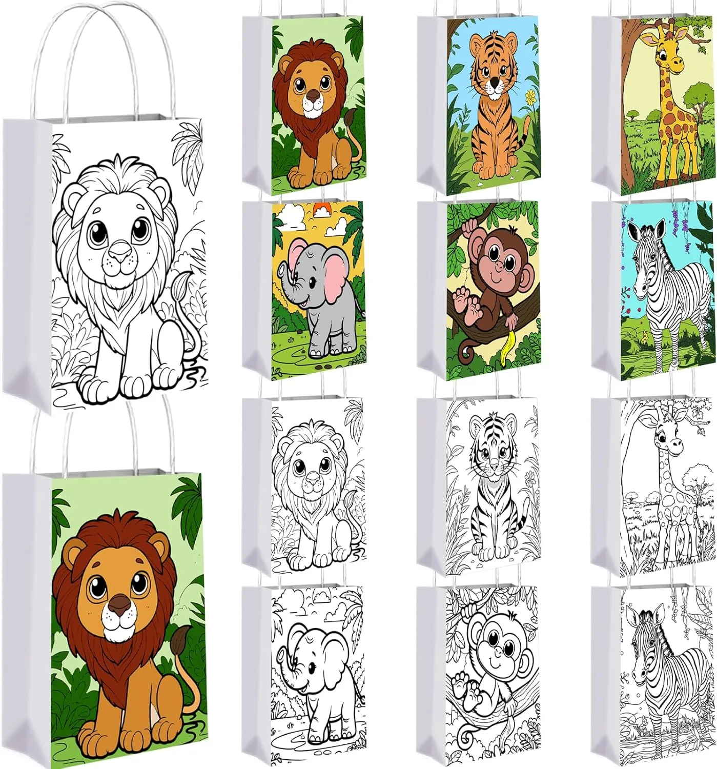 QICI 18 Pcs Safari Animals Paper Coloring Bags with Handle Color Your Own Candy Gift Bags Jungle DIY Craft Goody Bag Wild Animals Party Favors Supplies Gift Wrapping