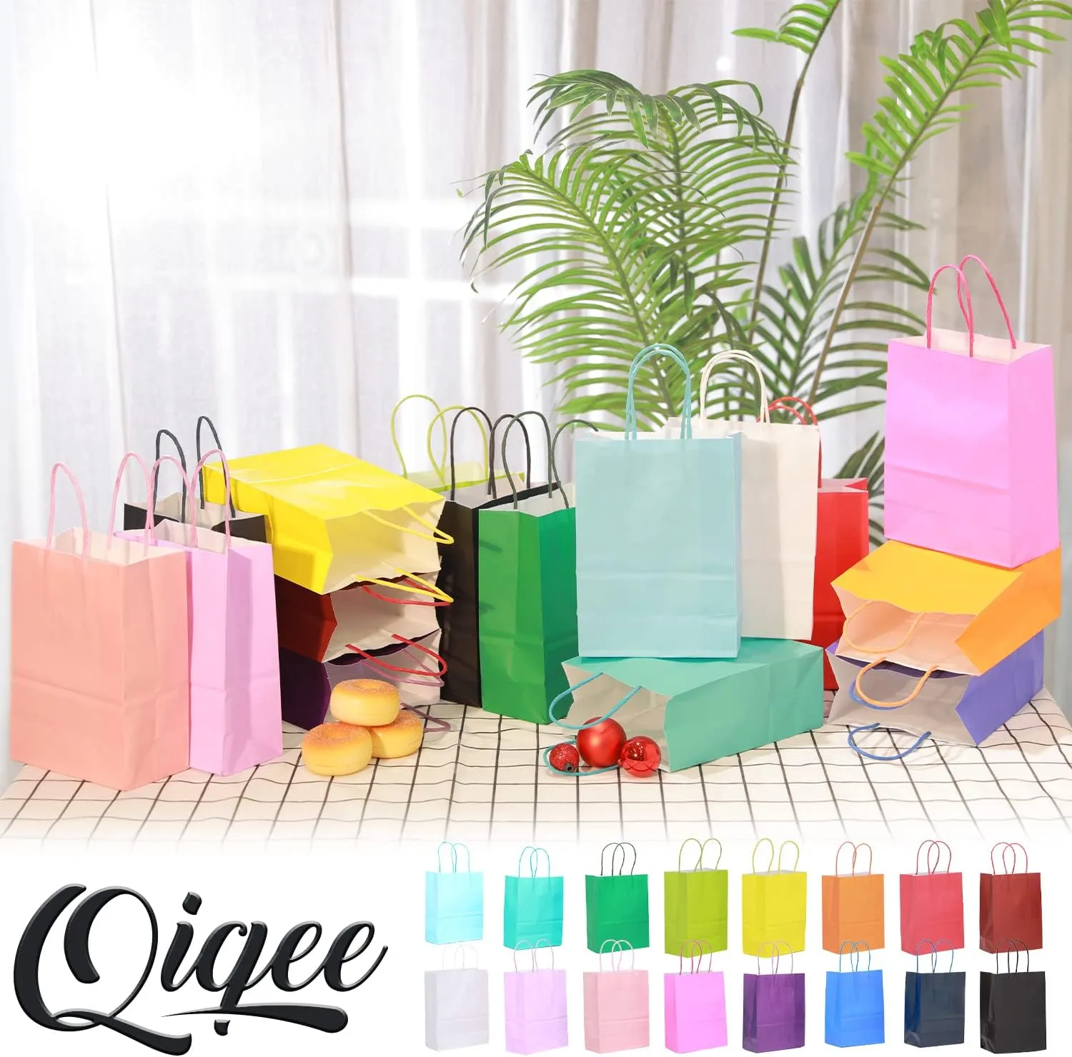 qiqee 60 pcs Kraft Bags with Handles 7.6"x4.75"x10.5" Medium Gift Paper Bags 16 Different Light Solid Color Bags