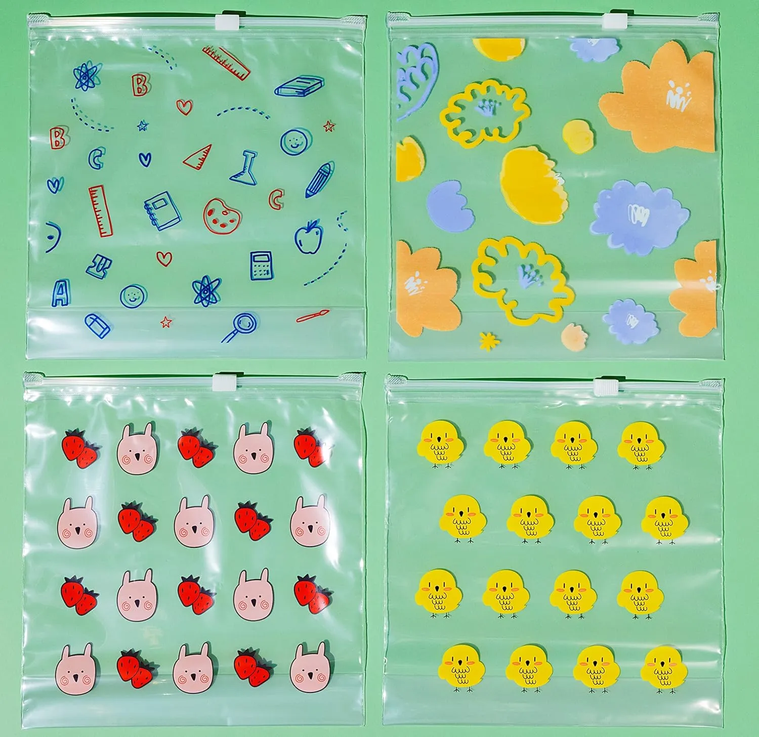 Quart Resealable Slider Food Storage Bags, 100 Count, Fun Designs, 4 Different Fun Patterns, Zero BPA, Lunch, Trips, Parties & More