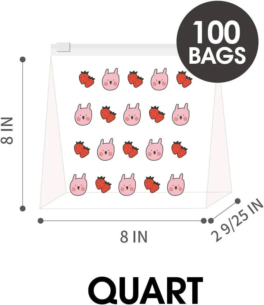 Quart Resealable Slider Food Storage Bags, 100 Count, Fun Designs, 4 Different Fun Patterns, Zero BPA, Lunch, Trips, Parties & More