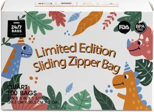 Quart Resealable Slider Food Storage Bags, 100 Count, Fun Designs, 4 Different Fun Patterns, Zero BPA, Lunch, Trips, Parties & More