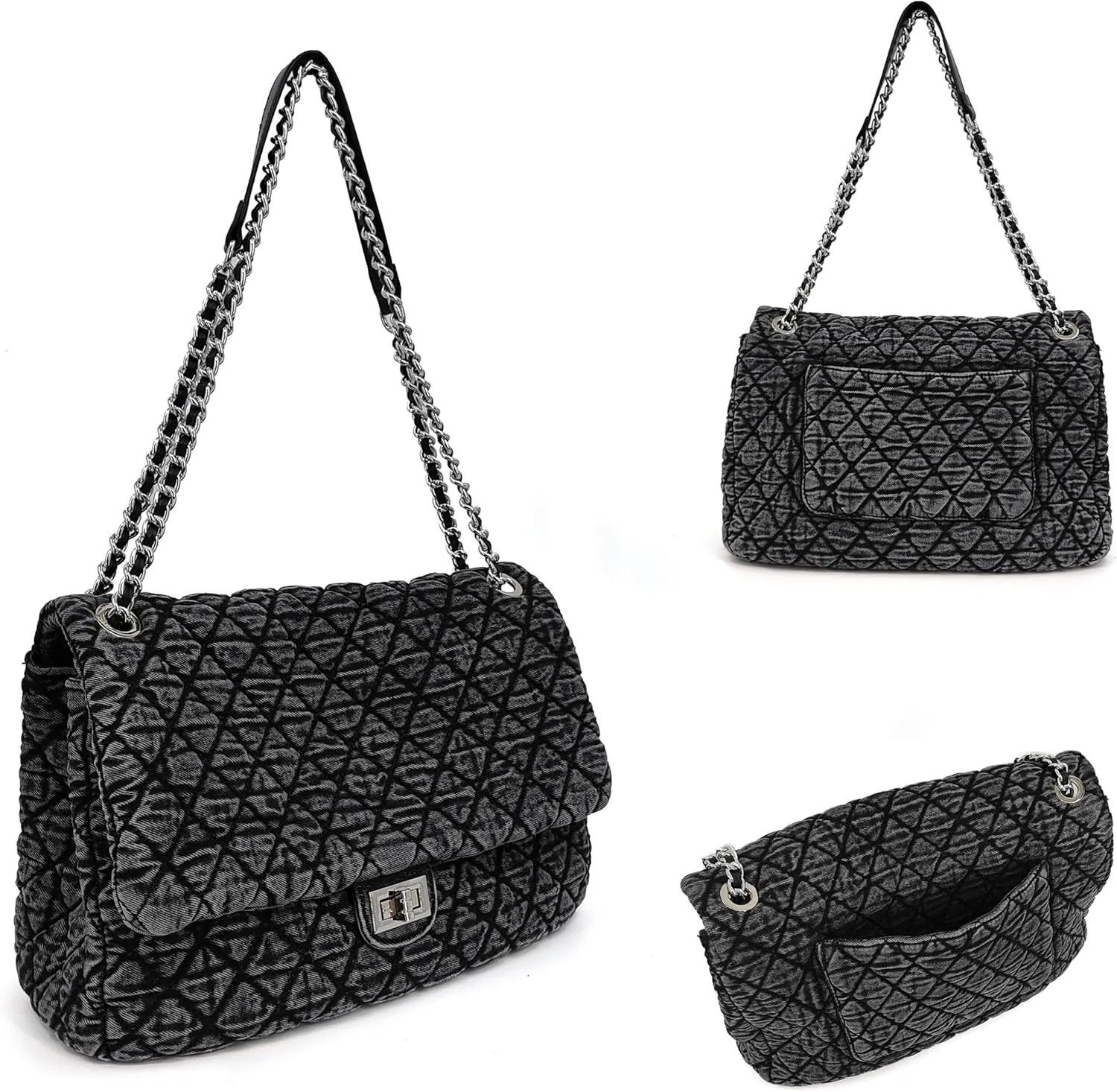 Quilted Denim Purse, Shoulder Bag for Women, Crossbody Flap Tote Bag, Silver Chain Trendy Hobo Bag, Vintage Washed Jean Purse