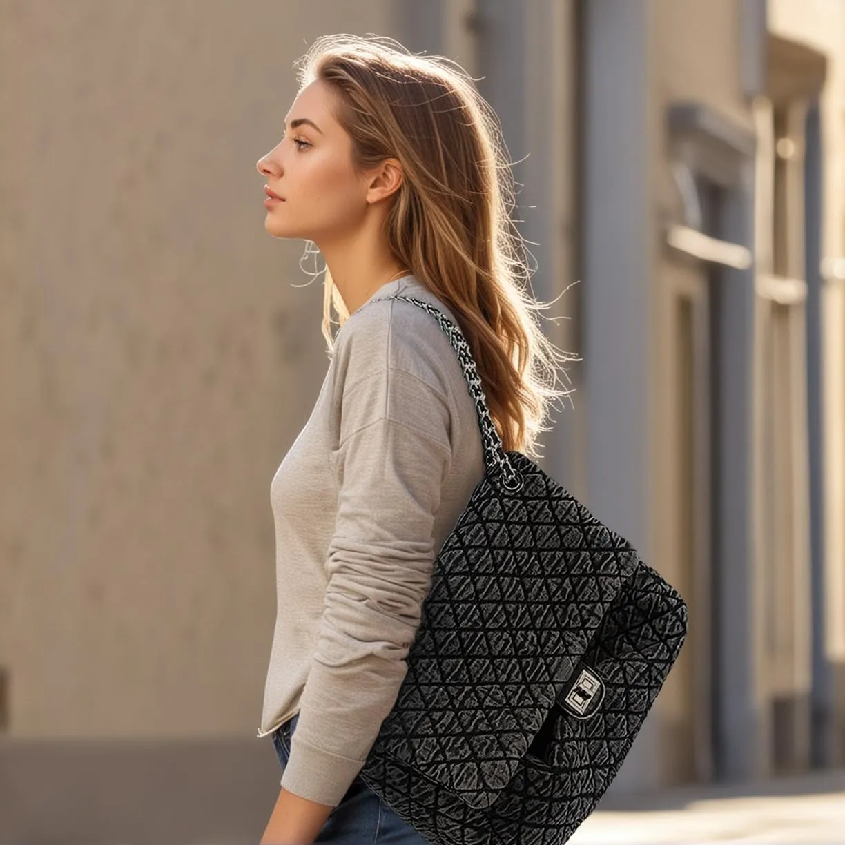 Quilted Denim Purse, Shoulder Bag for Women, Crossbody Flap Tote Bag, Silver Chain Trendy Hobo Bag, Vintage Washed Jean Purse
