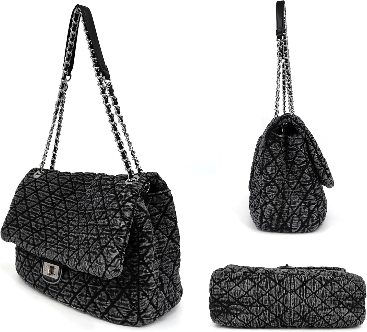 Quilted Denim Purse, Shoulder Bag for Women, Crossbody Flap Tote Bag, Silver Chain Trendy Hobo Bag, Vintage Washed Jean Purse